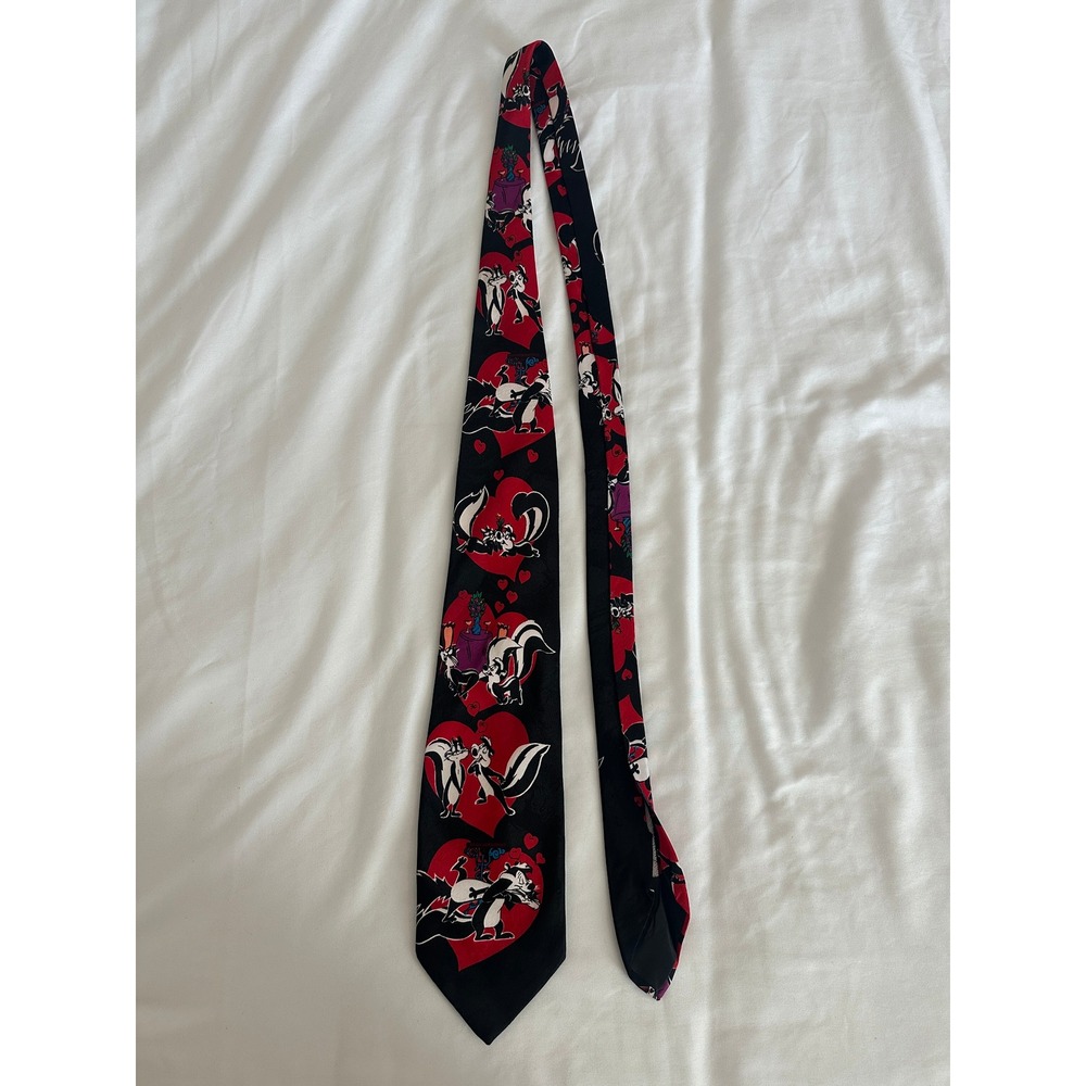 Vintage 1995 Looney Tunes Mania Pepe Le Pew Hearts‎ Necktie Black Red Skunk Tie
